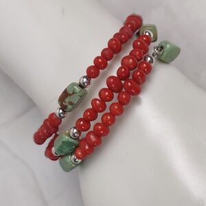 Coral/Turquoise/Sterling Silver Coil Bracelet